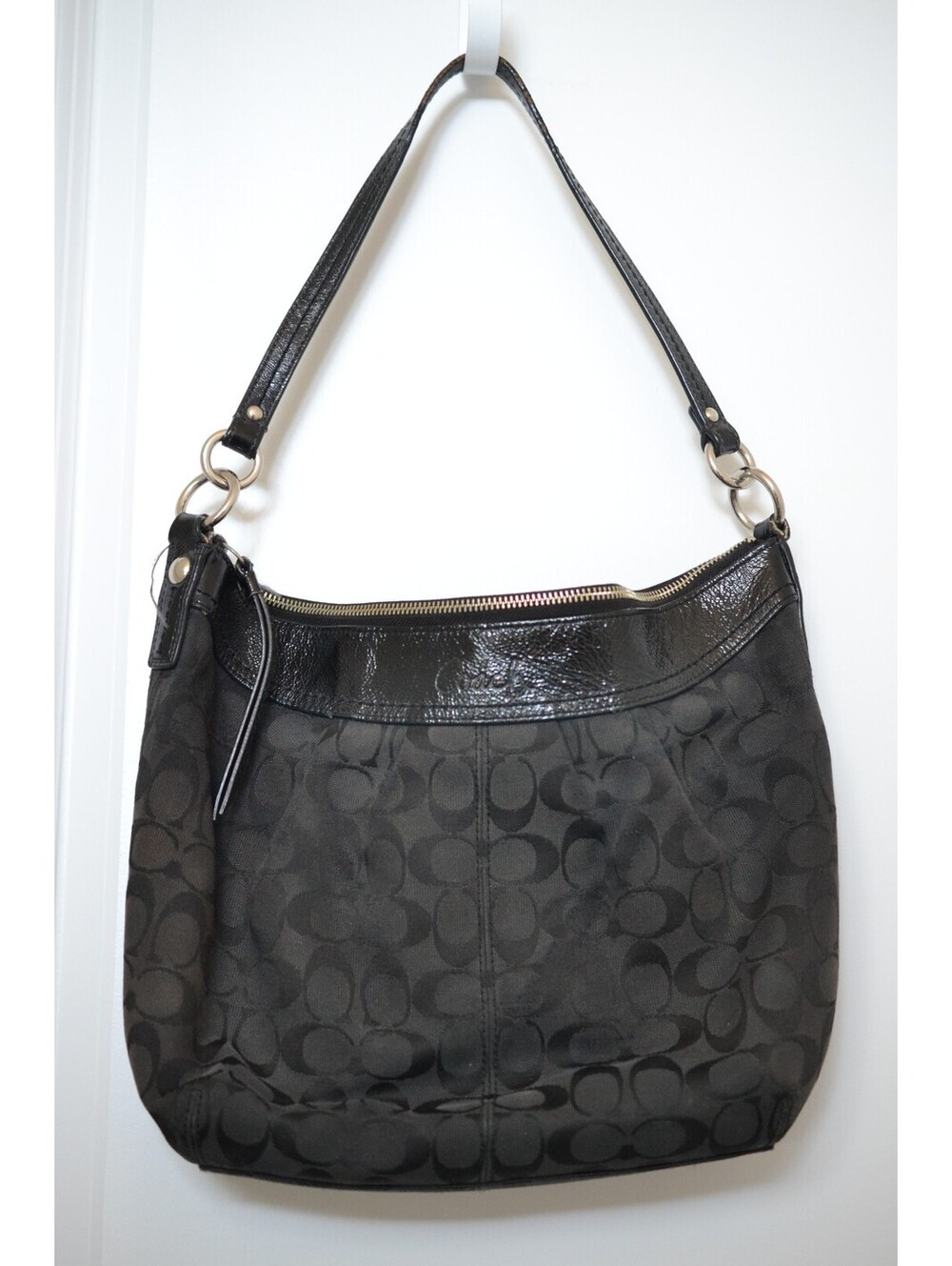 Coach F13744 Signature Pleated Hobo Shoulder Bag Black Gray Y2K 2009